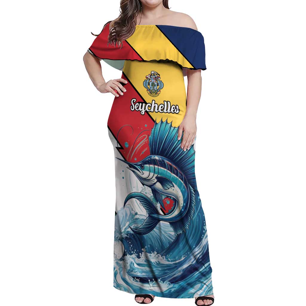 Personalised Seychelles Sailfish Off Shoulder Maxi Dress With Coat Of Arms - Wonder Print Shop