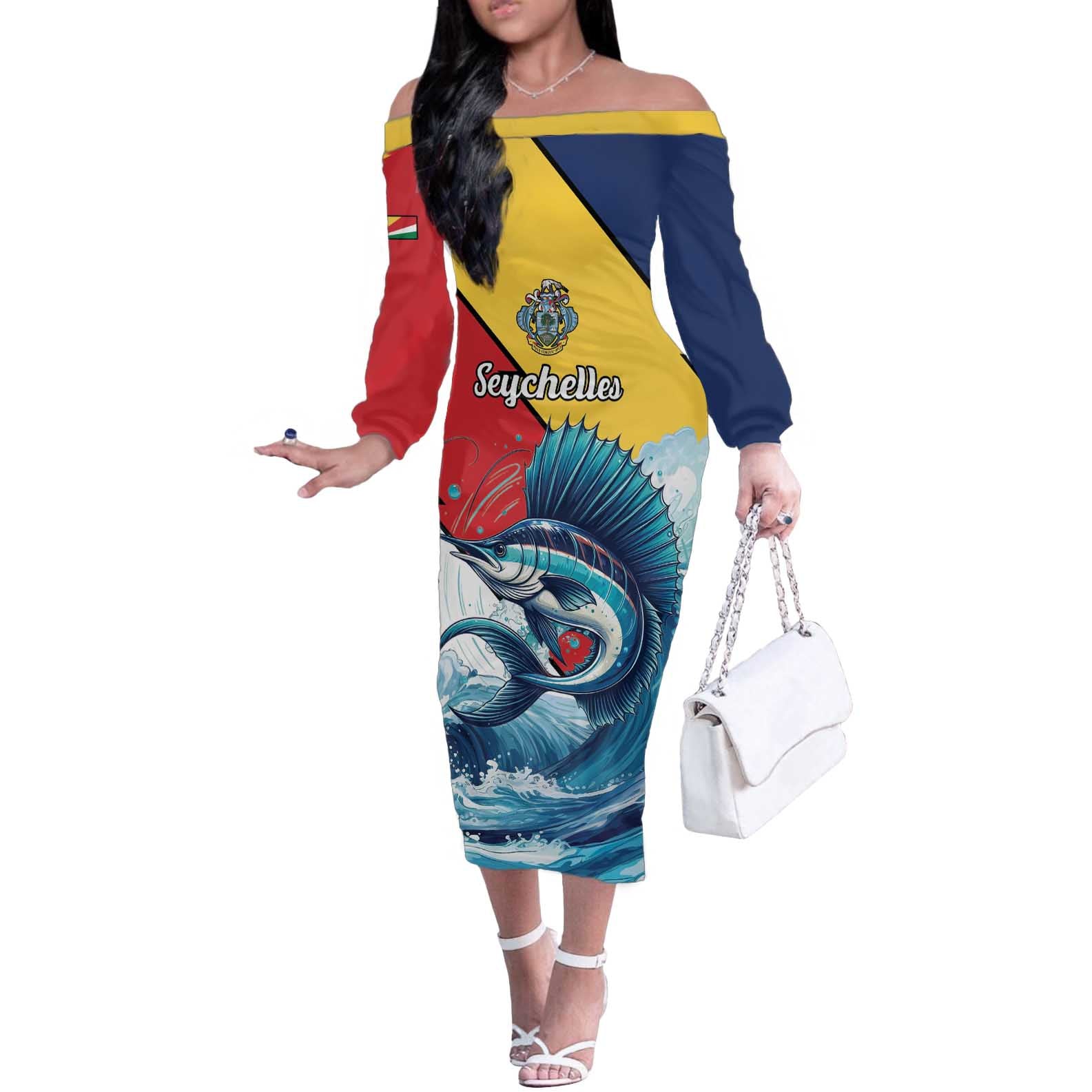 Personalised Seychelles Sailfish Off The Shoulder Long Sleeve Dress With Coat Of Arms - Wonder Print Shop