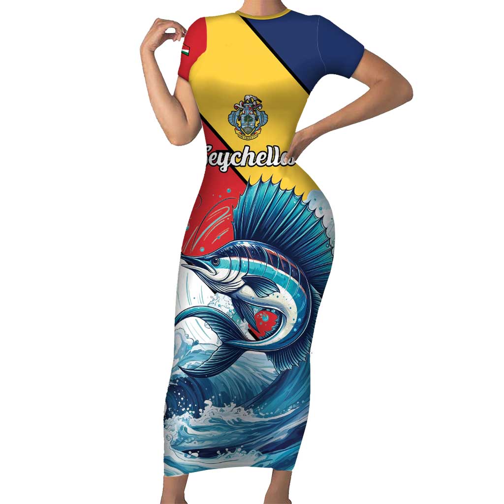 Personalised Seychelles Sailfish Short Sleeve Bodycon Dress With Coat Of Arms - Wonder Print Shop