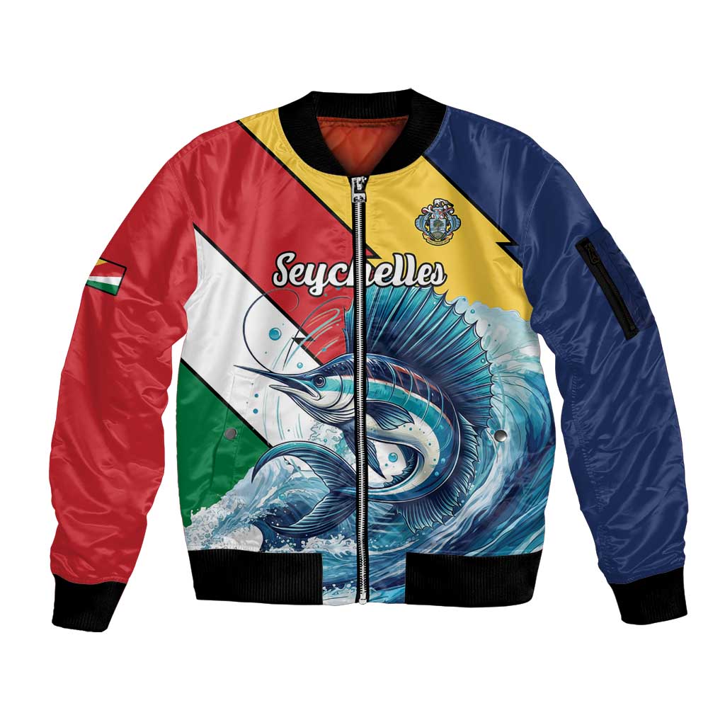 Personalised Seychelles Sailfish Sleeve Zip Bomber Jacket With Coat Of Arms - Wonder Print Shop