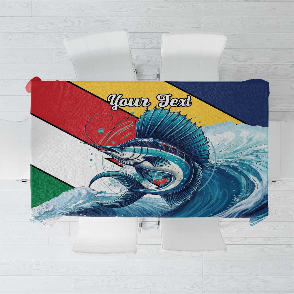 Square tablecloth with sailfish and wave print, red and navy color bands
