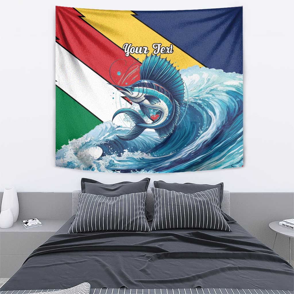 Sailfish tapestry with tri-color Seychelles stripes and a detailed blue wave and sailfish