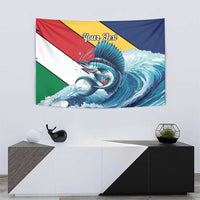 Sailfish tapestry featuring a crest-style sailfish graphic over Seychelles flag color blocks