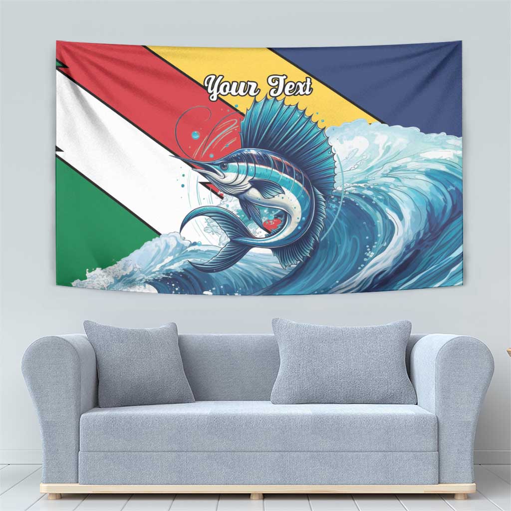 Sailfish tapestry with bold red-yellow-blue stripes and a blue ocean sailfish illustration