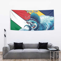 Sailfish tapestry with “Your Text” over ocean waves, showing a teal and red sailfish