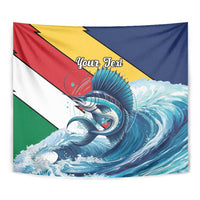 Sailfish tapestry close-up with “Your Text”, Seychelles flag stripes, and blue wave artwork