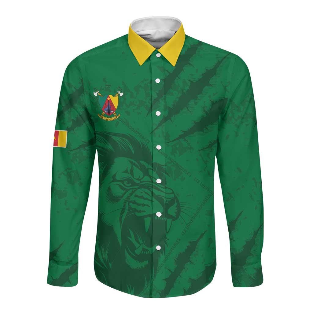 Custom Cameroon Football Long Sleeve Button Shirt Go Les Lions Indomptables Go - Wonder Print Shop