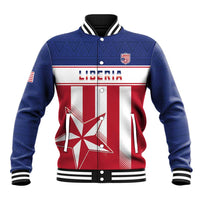 Custom baseball jacket in blue with LIBERIA chest graphic and red/white stripes; snap front.