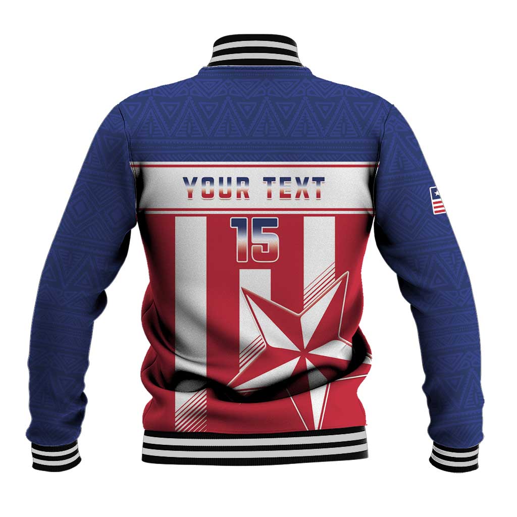 Custom baseball jacket back, blue with red/white stripes; YOUR TEXT and 15 on panel.
