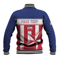 Custom baseball jacket back, blue with red/white stripes; YOUR TEXT and 15 on panel.