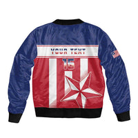 Bomber jacket back with 'YOUR TEXT', number 15, red star, blue sleeves, rib trim