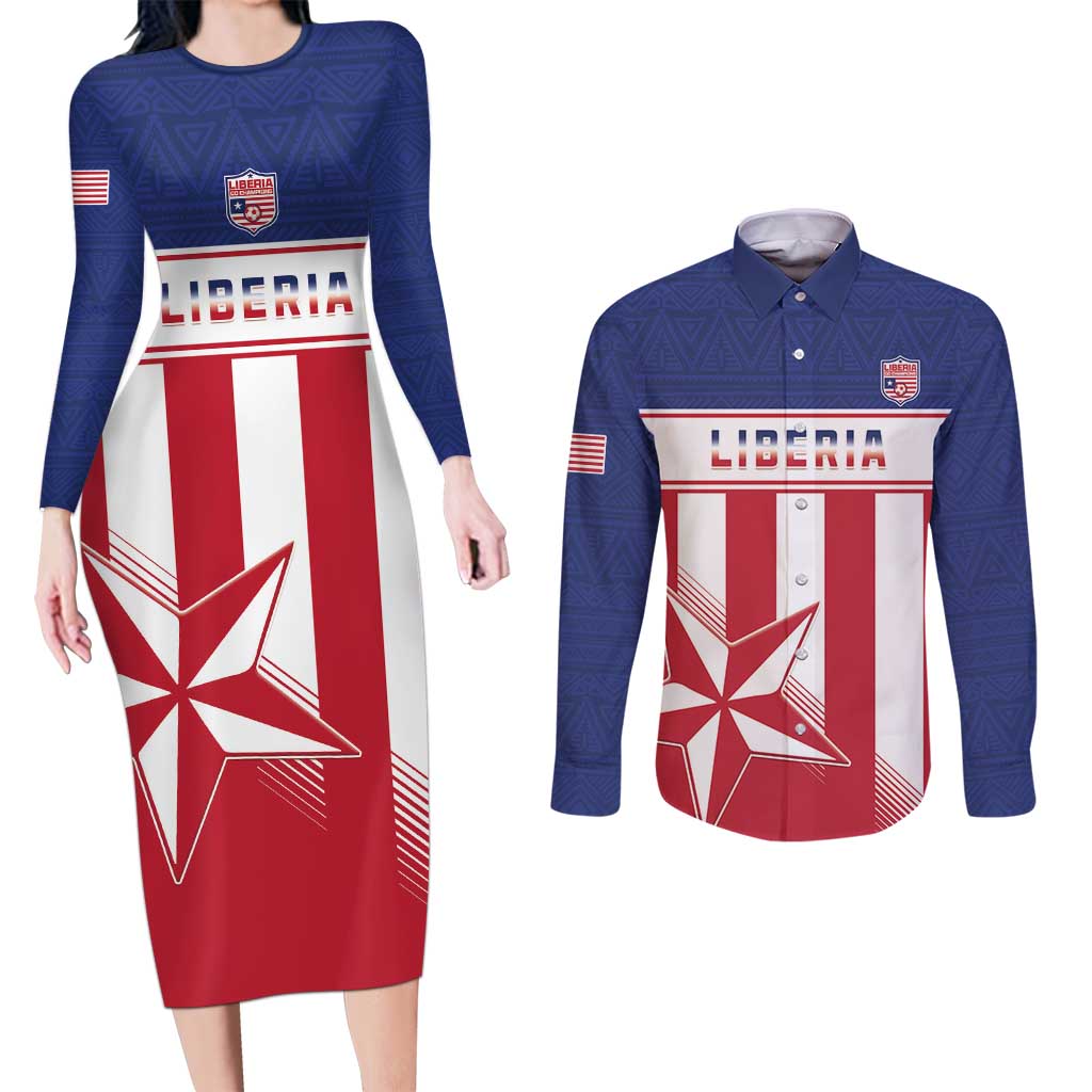 Custom Liberia Football Couples Matching Long Sleeve Bodycon Dress and Long Sleeve Button Shirt Go Lone Stars