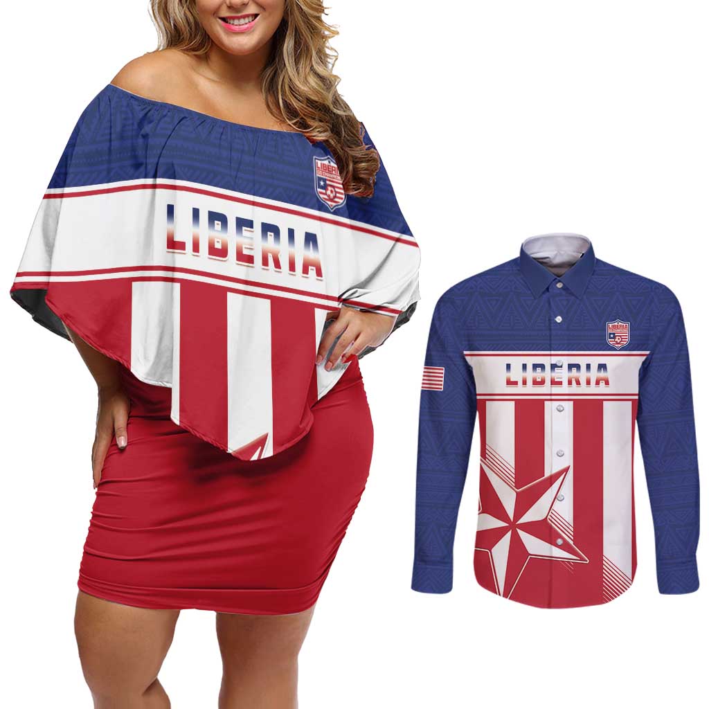 Custom Liberia Football Couples Matching Off Shoulder Short Dress and Long Sleeve Button Shirt Go Lone Stars