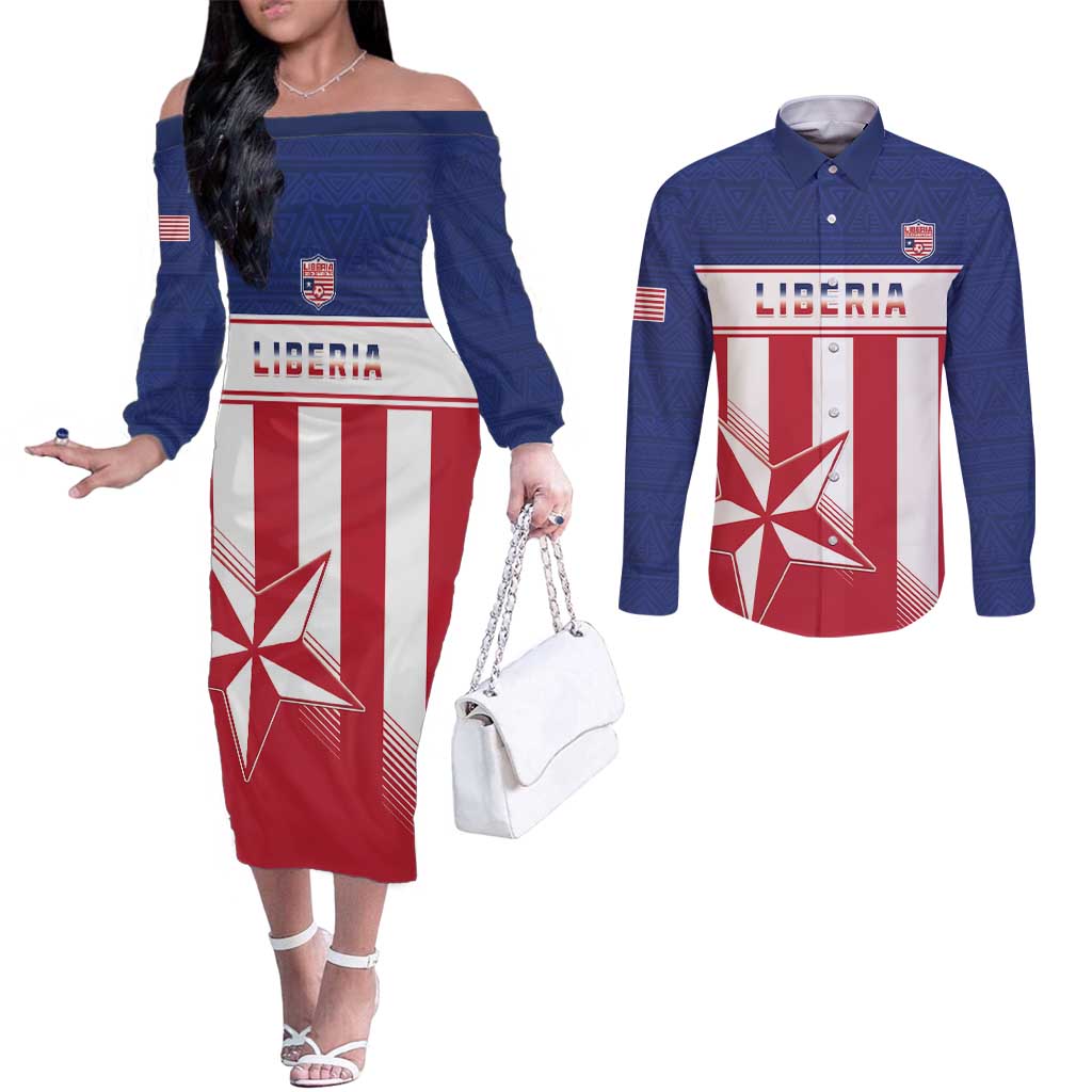 Custom Liberia Football Couples Matching Off The Shoulder Long Sleeve Dress and Long Sleeve Button Shirt Go Lone Stars