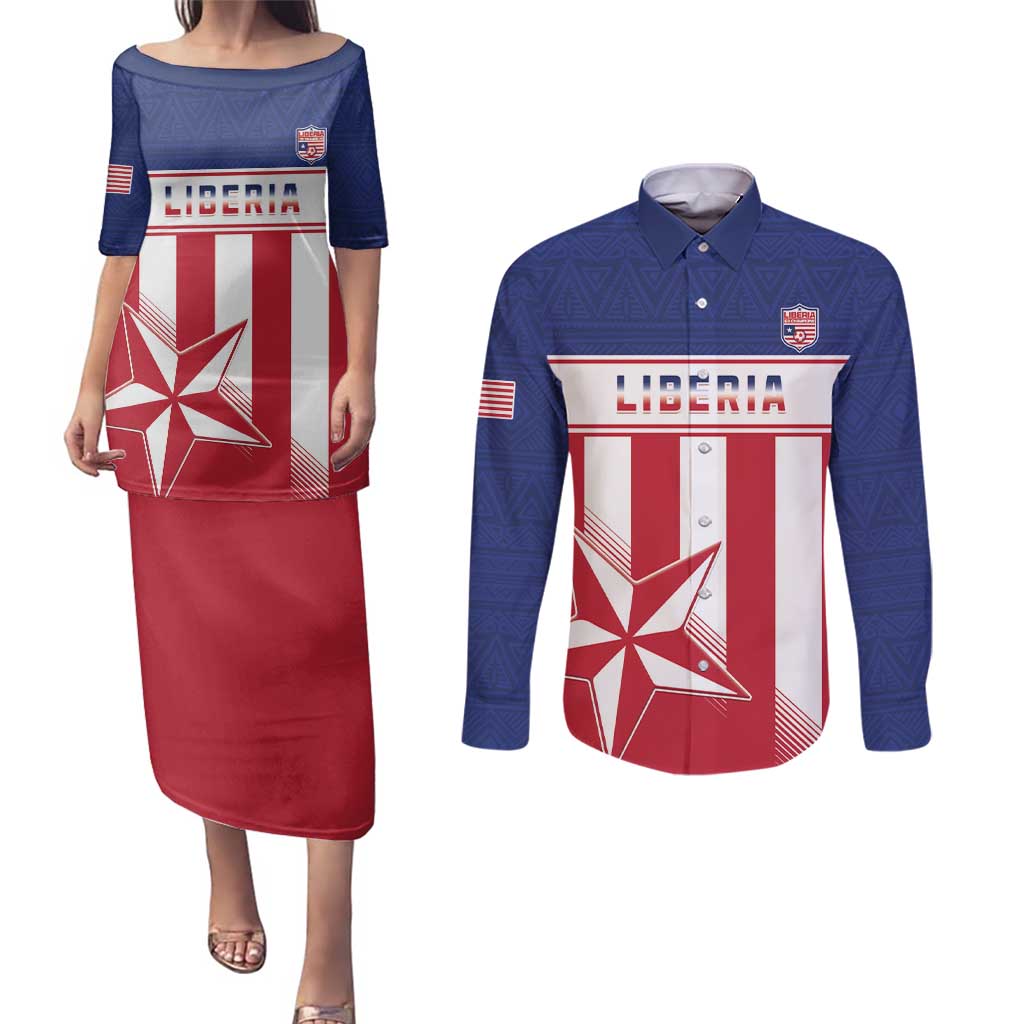 Custom Liberia Football Couples Matching Puletasi and Long Sleeve Button Shirt Go Lone Stars