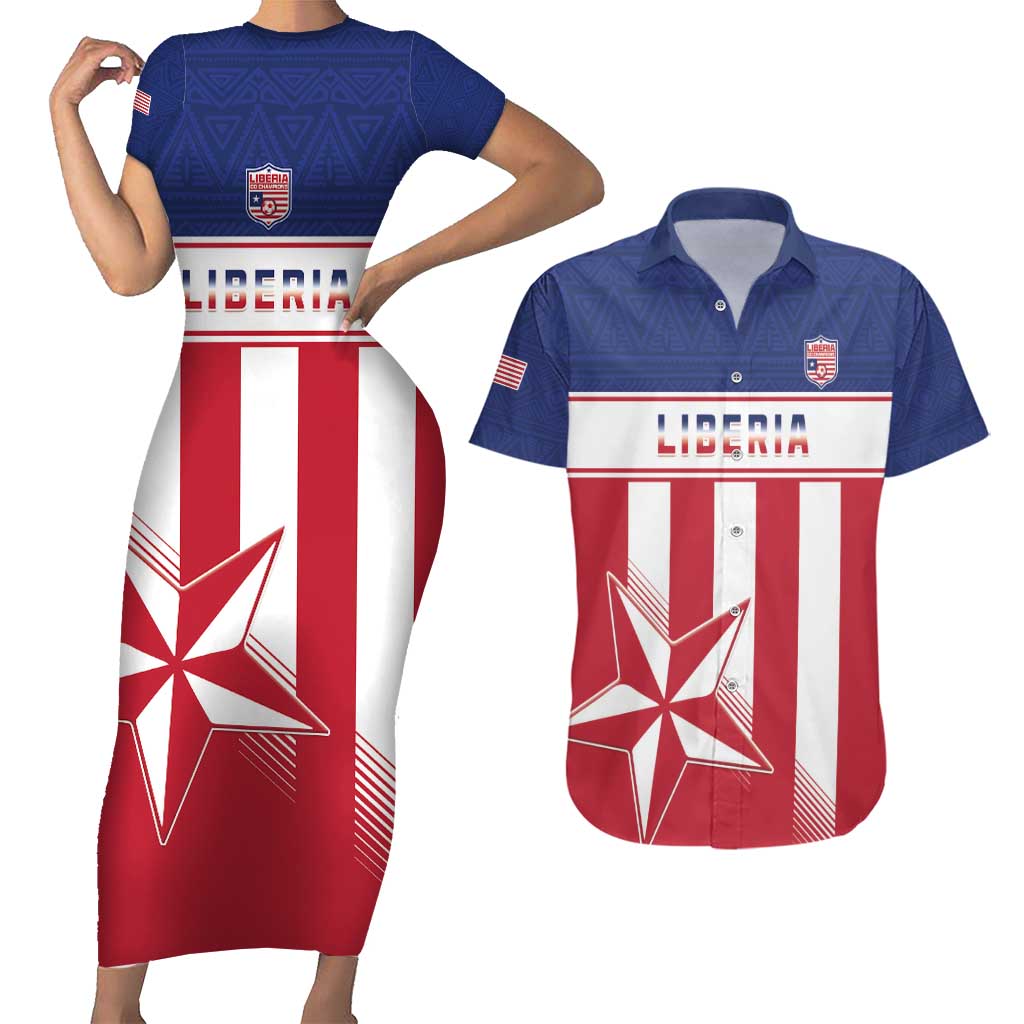 Custom Liberia Football Couples Matching Short Sleeve Bodycon Dress and Hawaiian Shirt Go Lone Stars