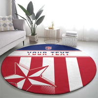 Round football carpet with red-and-white stripes and Lone Star emblem, 'YOUR TEXT' across center