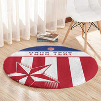 Round football carpet with red-and-white stripes and Lone Star emblem, 'YOUR TEXT' centered