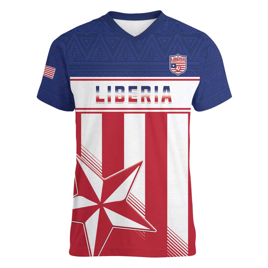 Custom Liberia Football Women V-Neck T-Shirt Go Lone Stars