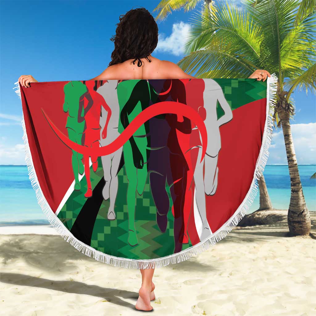 Red round beach blanket with fringe, big runners and lion graphic, 'YOUR TEXT' displayed.