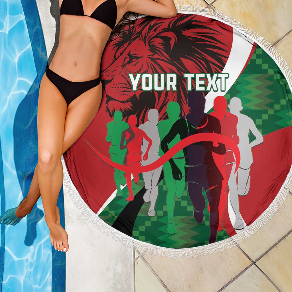 Round red beach blanket with fringe edge, runners graphic and 'YOUR TEXT' in the middle.