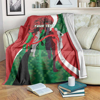 Personalized athletics Kenya blanket, red and green graphic with runners and 'YOUR TEXT'.