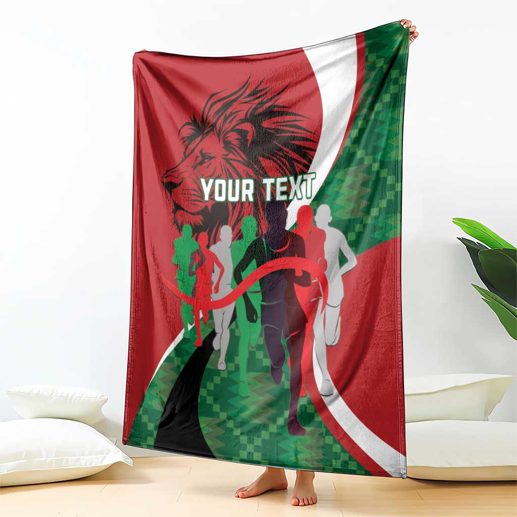 Athletics Kenya blanket draped, red-white-green design with runners and 'YOUR TEXT'.