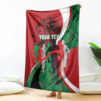 Athletics Kenya blanket draped, red-white-green design with runners and 'YOUR TEXT'.