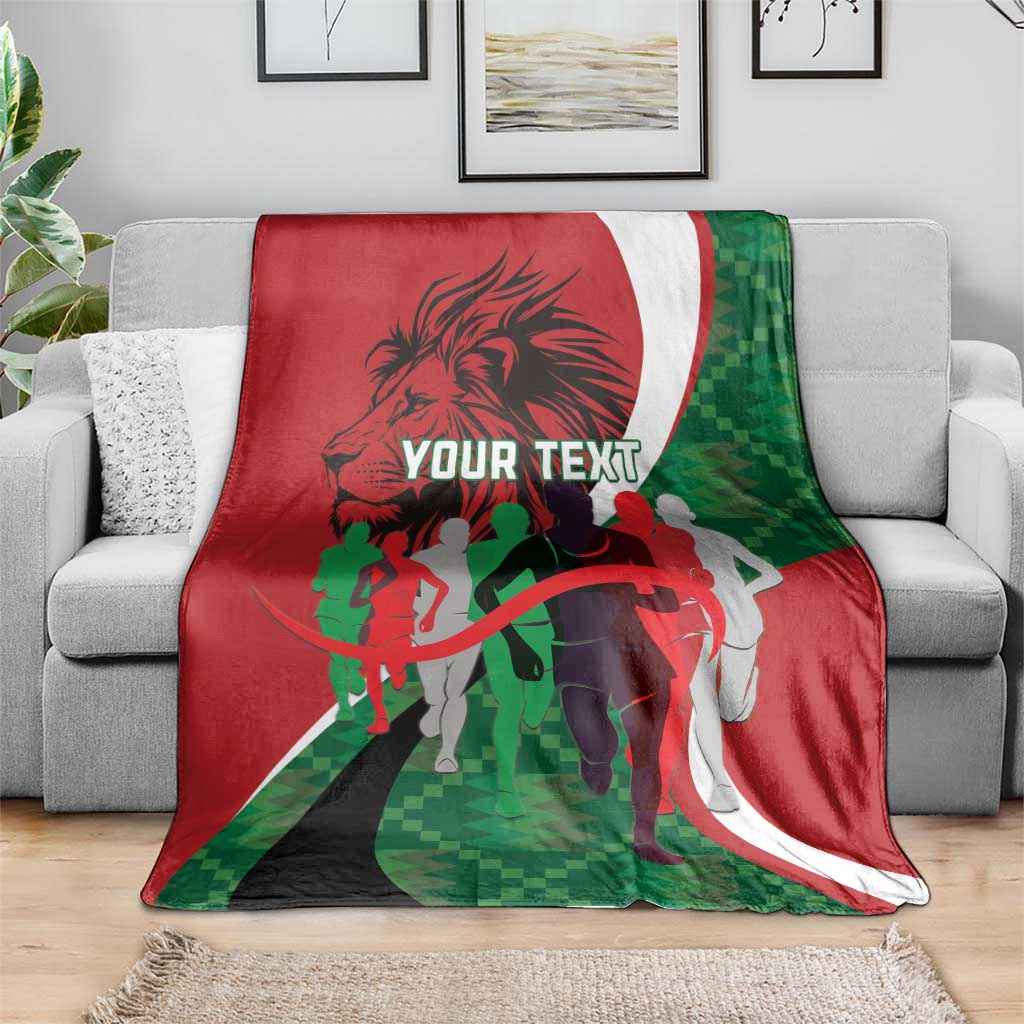 Athletics Kenya blanket on sofa, red/green/black runner graphic with 'YOUR TEXT' center.