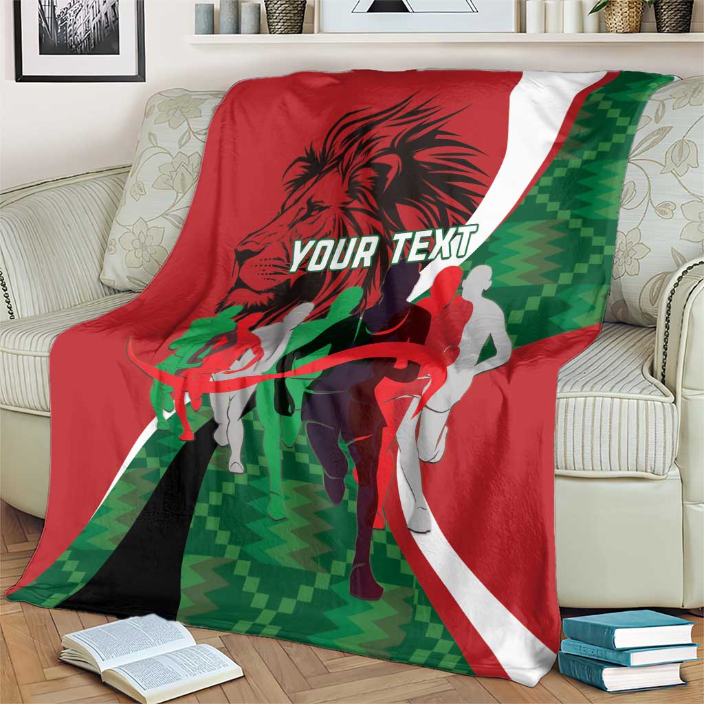 Athletics Kenya blanket over armchair, red and green runner graphic with 'YOUR TEXT'.