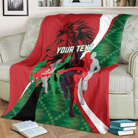Athletics Kenya blanket over armchair, red and green runner graphic with 'YOUR TEXT'.