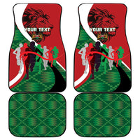 Red & green athletics car mat set, 4-piece layout with 'YOUR TEXT' print
