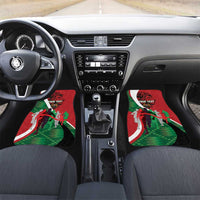 Red & green athletics car mats with 'YOUR TEXT' print, placed in front seats