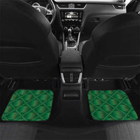 Red & green athletics car mats with 'YOUR TEXT' print, placed on rear seats