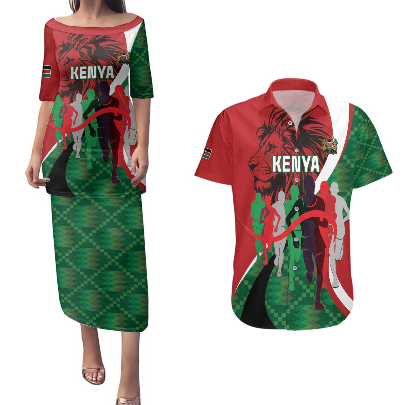 Personalised Athletics Kenya Couples Matching Puletasi and Hawaiian Shirt We Are Champions