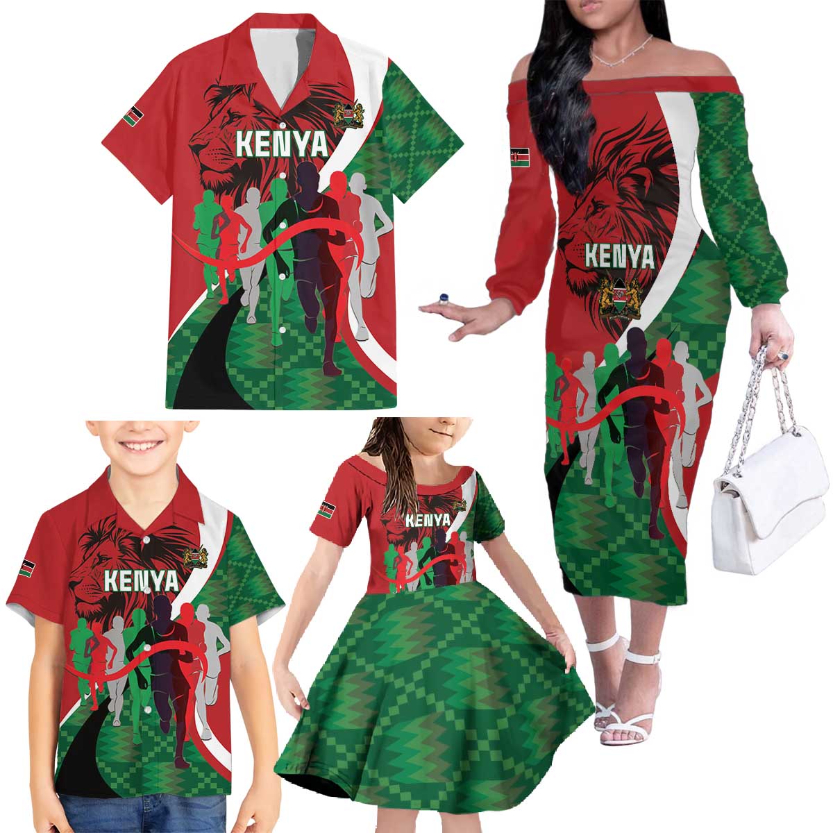 Personalised Athletics Kenya Family Matching Off The Shoulder Long Sleeve Dress and Hawaiian Shirt We Are Champions