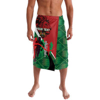 Green and red patterned lavalava shorts with tropical graphic print