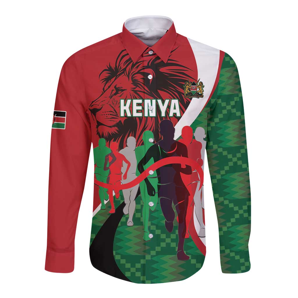 Red long-sleeve button shirt with Kenya runner graphic on the front