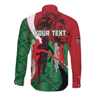 Red long-sleeve button shirt back with Kenya runner graphic and 'YOUR TEXT' area