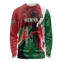Personalized Kenya long-sleeve athletic shirt in red, with Kenya text and runner graphic