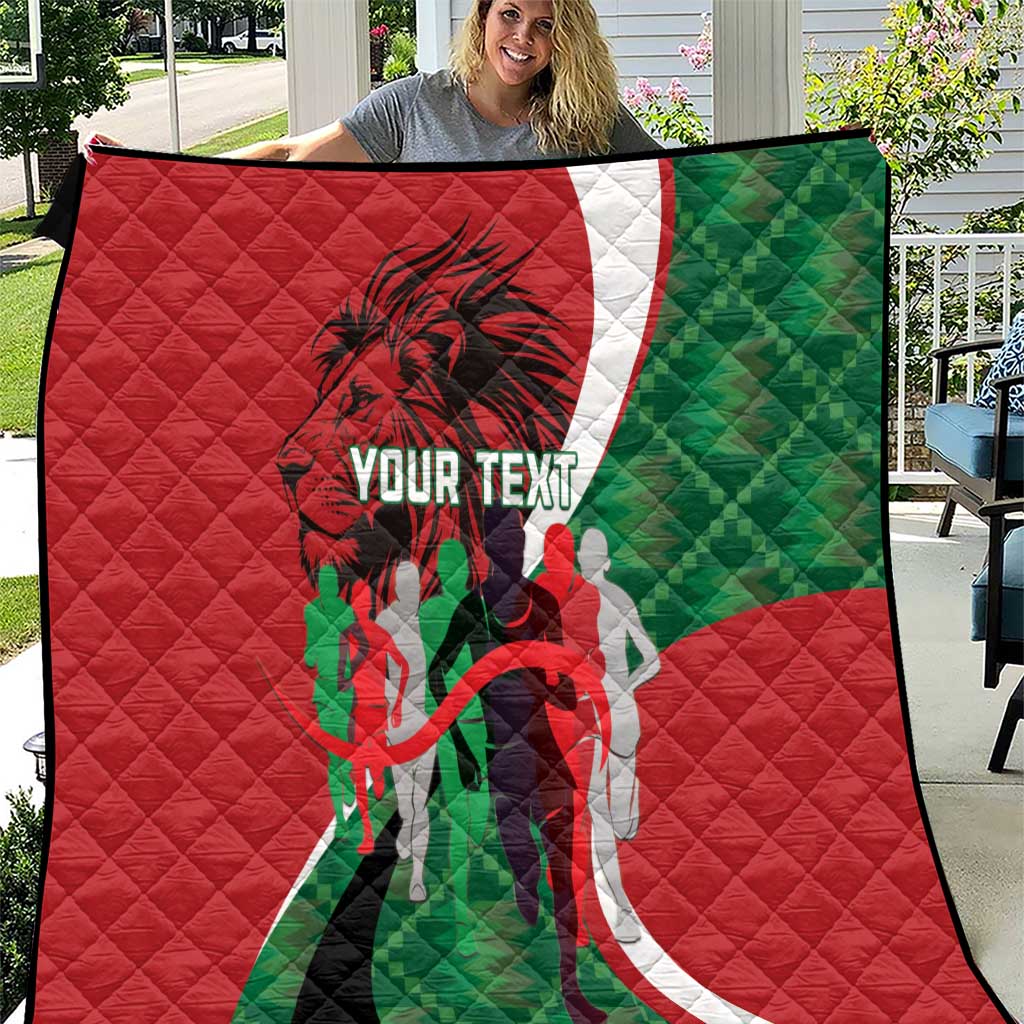 Red personalized athletics quilt with quilted diamond pattern, green-and-white graphic runner design
