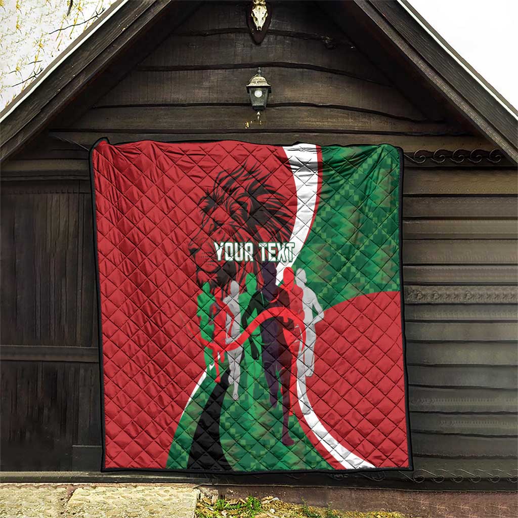 Red quilted personalized blanket with black border and runner graphic, Kenya theme colors