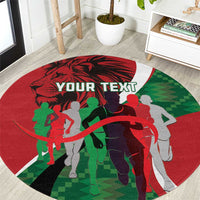 Red round athletics carpet with runner silhouettes, green checker pattern, "YOUR TEXT"