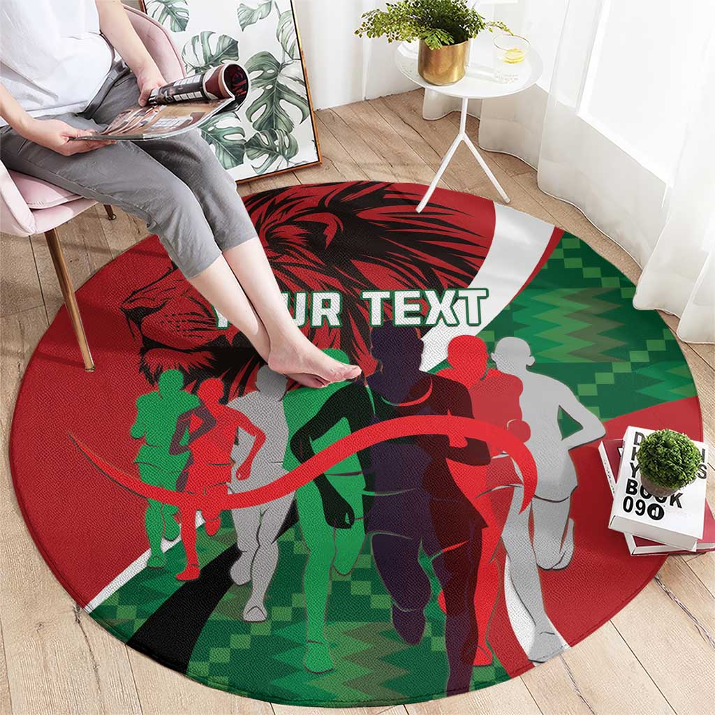 Red round athletics carpet featuring runner silhouettes and "YOUR TEXT"