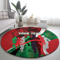 Red round athletics carpet with green runner silhouettes and "YOUR TEXT"