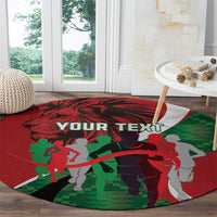 Red round athletics carpet with green runner silhouettes and "YOUR TEXT"