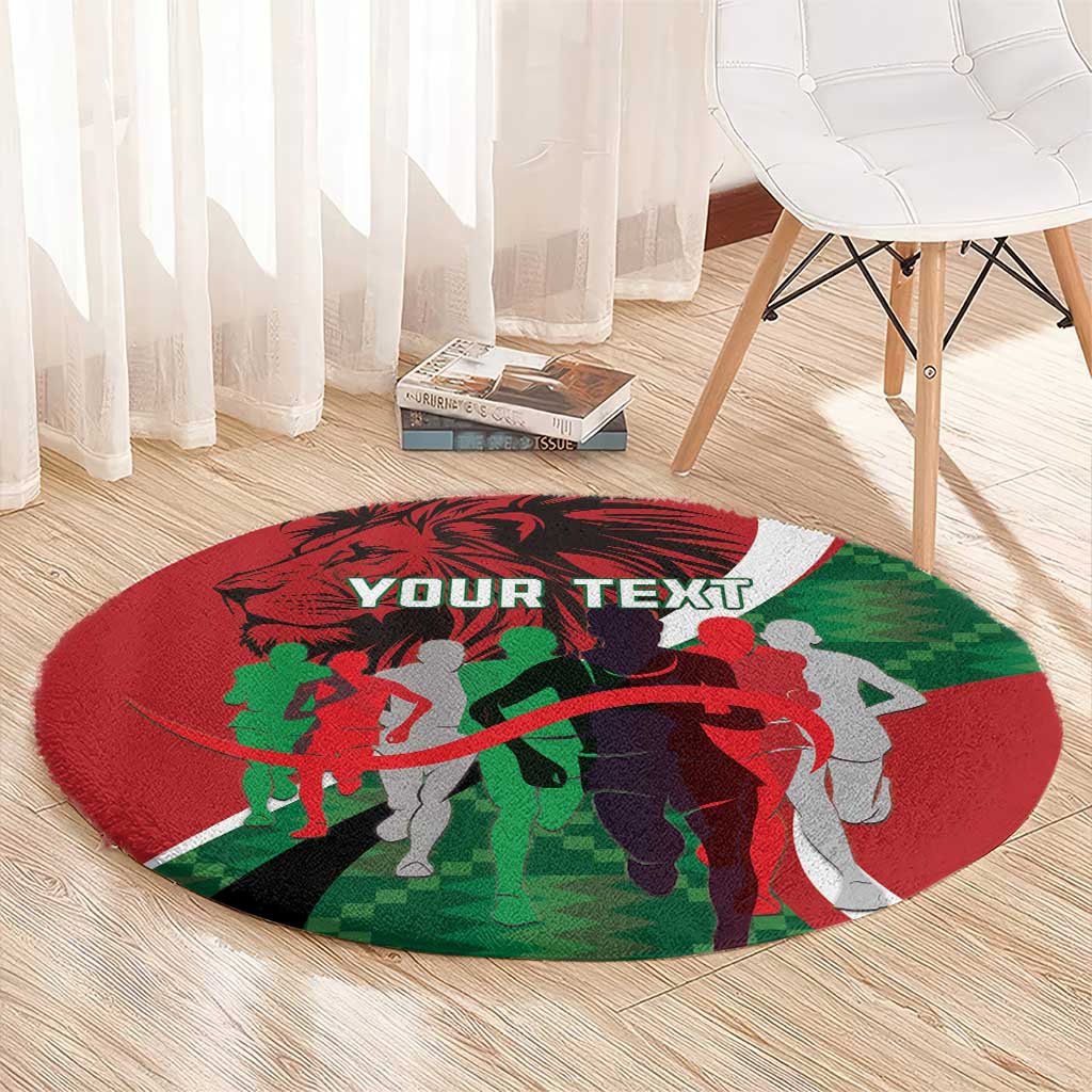 Red round athletics carpet with runner silhouettes, green pattern, and "YOUR TEXT"