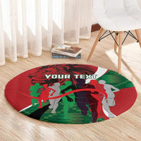 Red round athletics carpet with runner silhouettes, green pattern, and "YOUR TEXT"