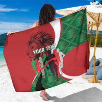 Personalized red and green sarong with athletic graphic and custom text panel