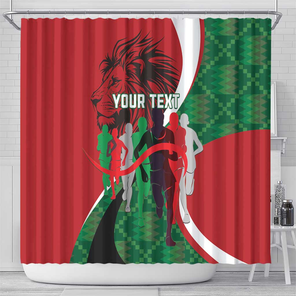 Red shower curtain with athlete silhouettes, curved white arc, lion head, and green panel
